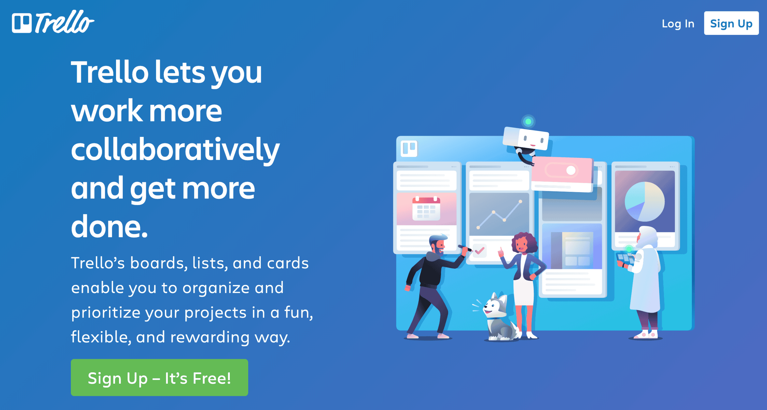 Trello homepage showing team collaboration illustration with project boards, charts, and diverse workers promoting productivity tools.