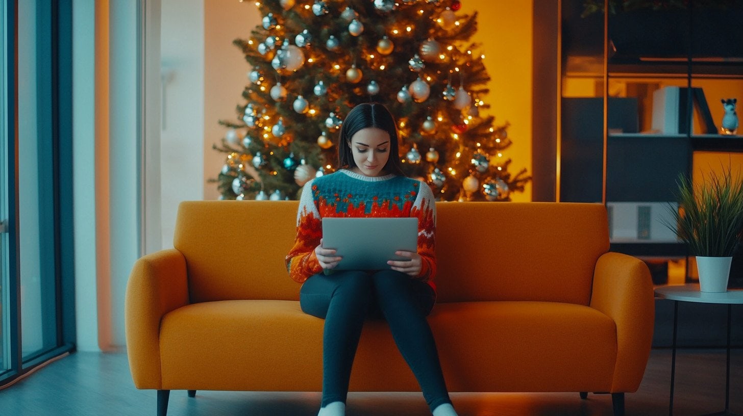 a woman sitting on a couch with a laptop