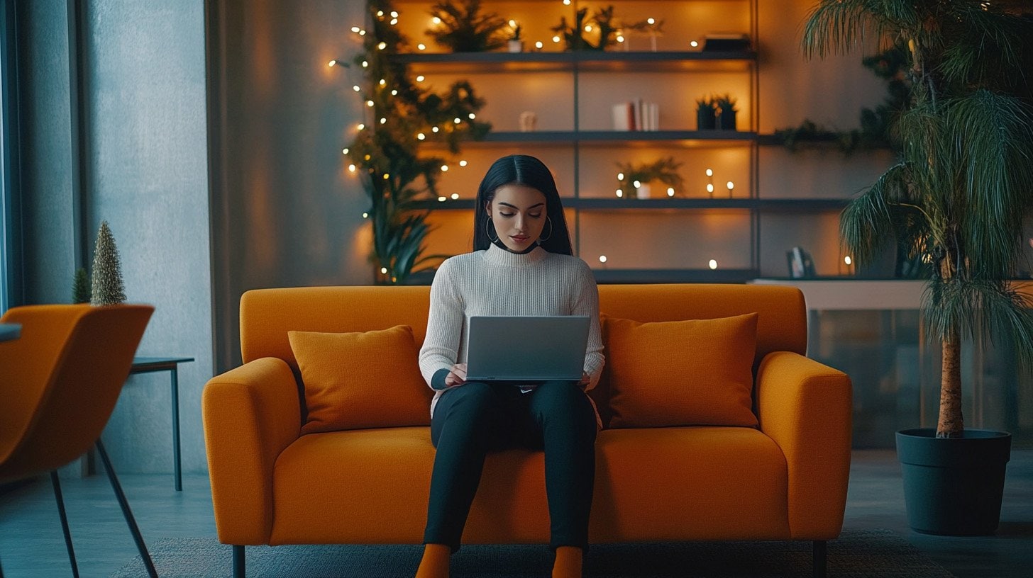 a woman sitting on a couch using a laptop