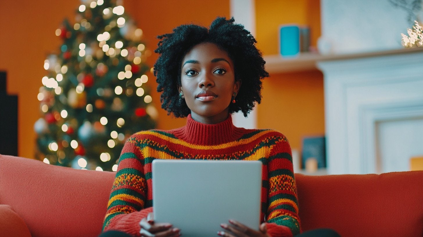 a woman sitting on a couch holding a laptop