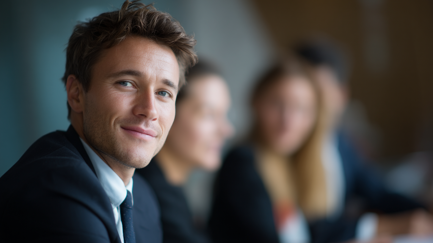 Business meeting with blurred participants.