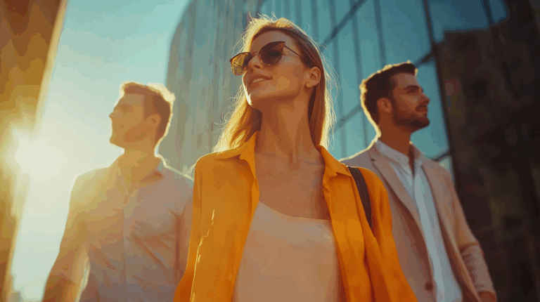 a woman in sunglasses and a man in a suit