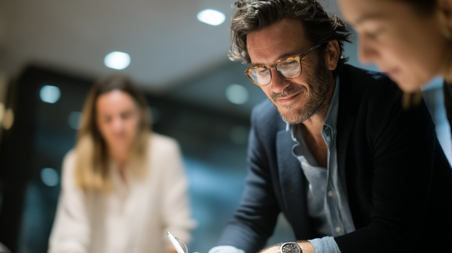People collaborating in a modern workspace.