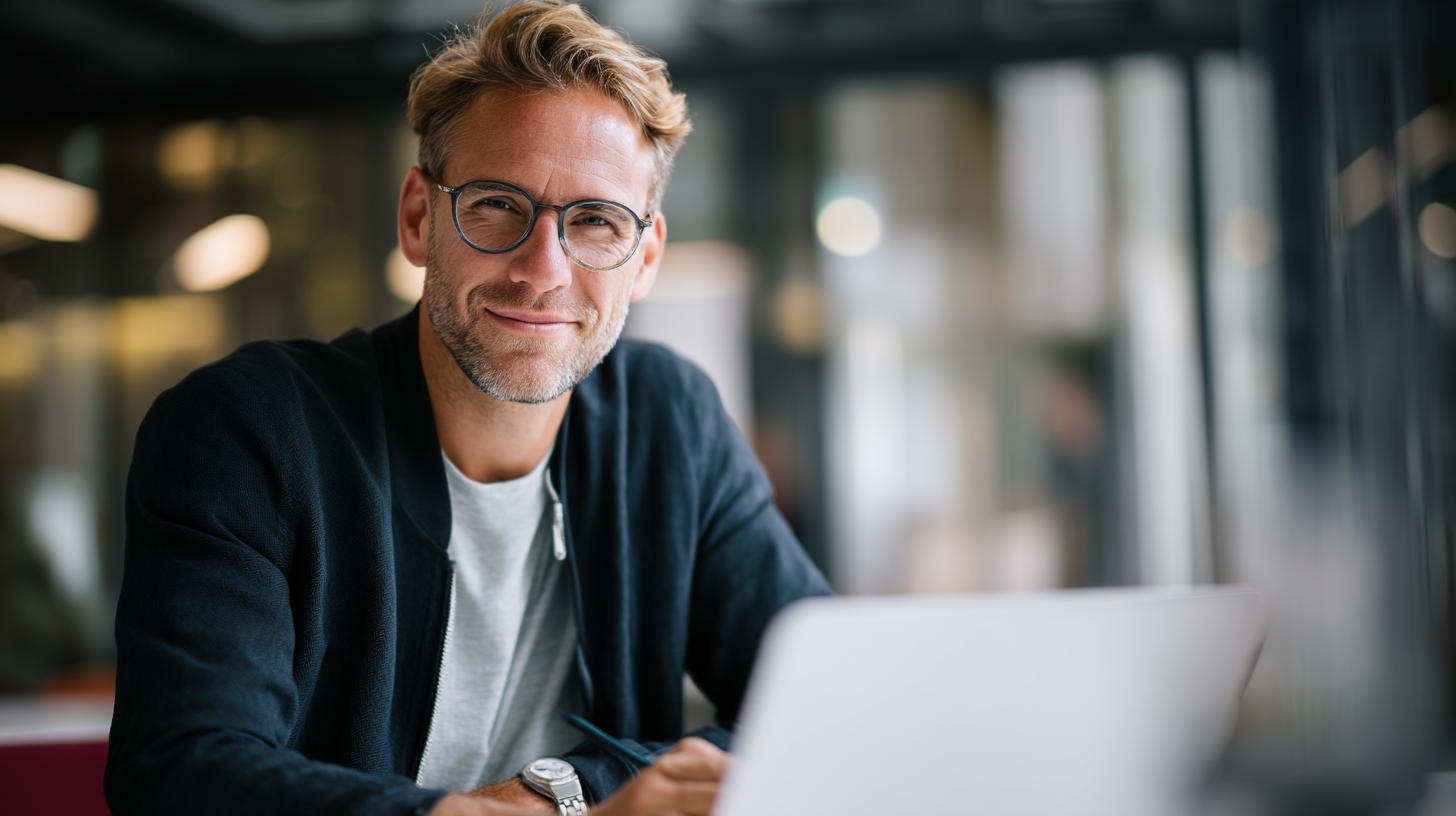 Man working on laptop in office.