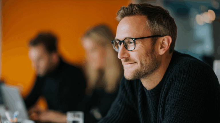 Smiling professional with short hair and glasses, seated at a desk in a contemporary office; two out-of-focus colleagues and an orange accent wall are visible behind him.