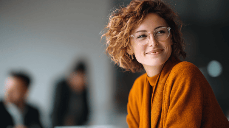 Person in orange sweater, focused expression.