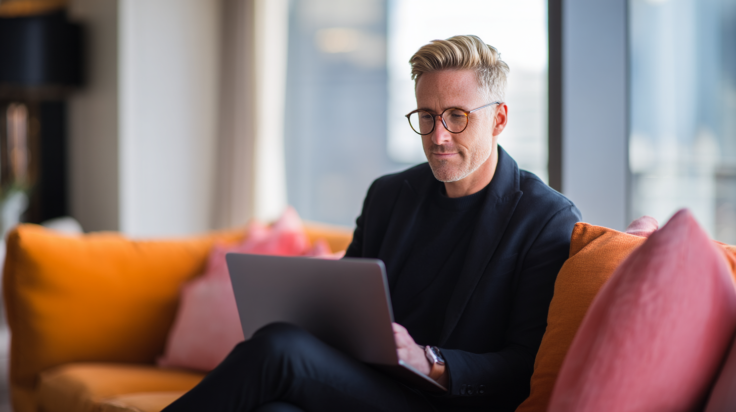 Person working on laptop in lounge.