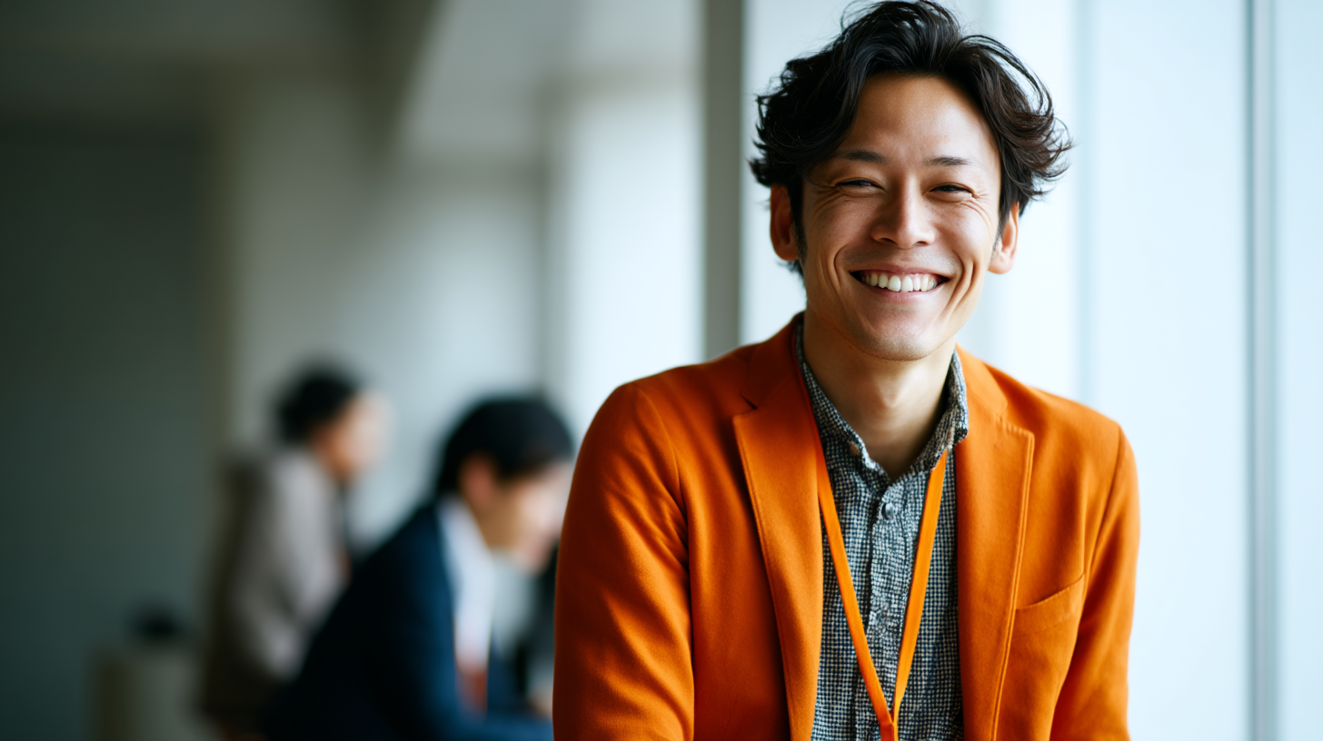 Smiling man in orange jacket.