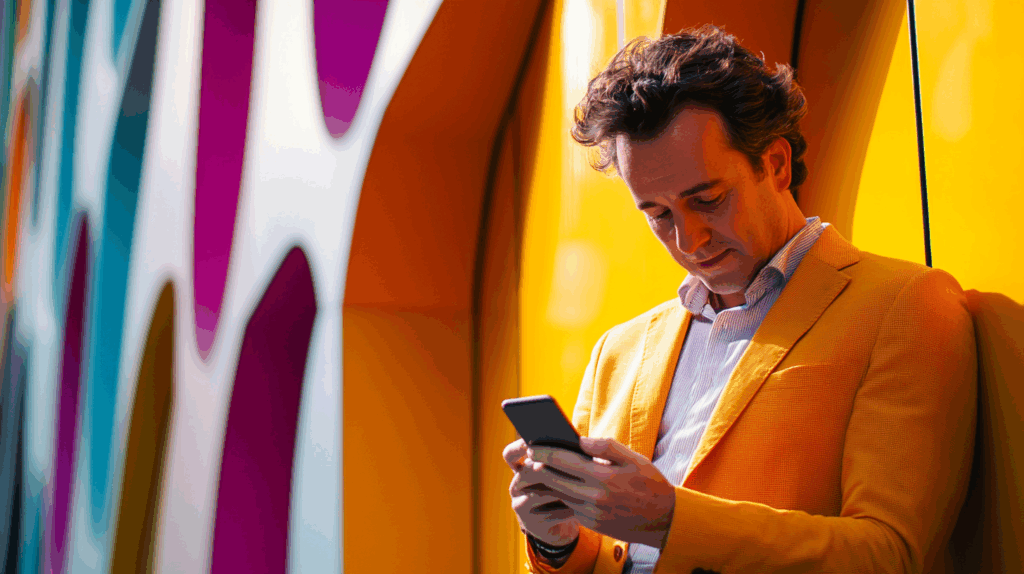 a man in a yellow jacket looking at a cellphone