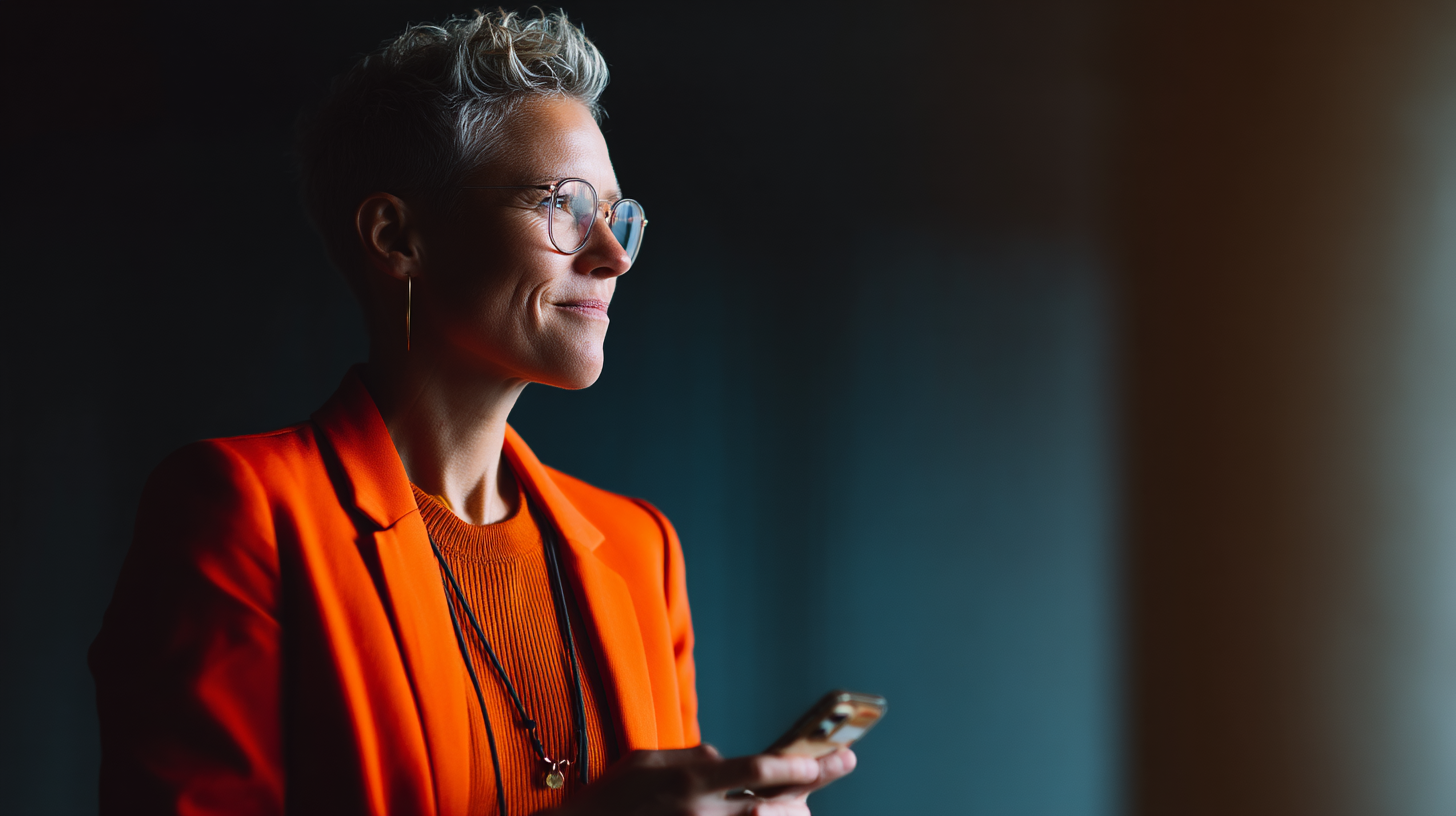 Person in orange outfit using phone.