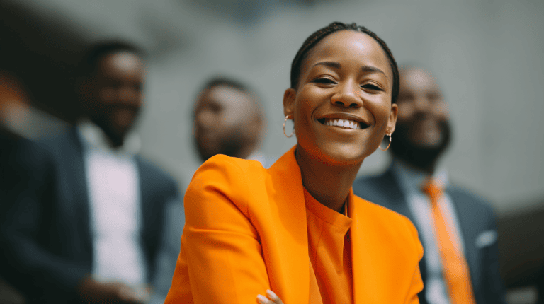 Smiling woman in orange outfit, colleagues behind