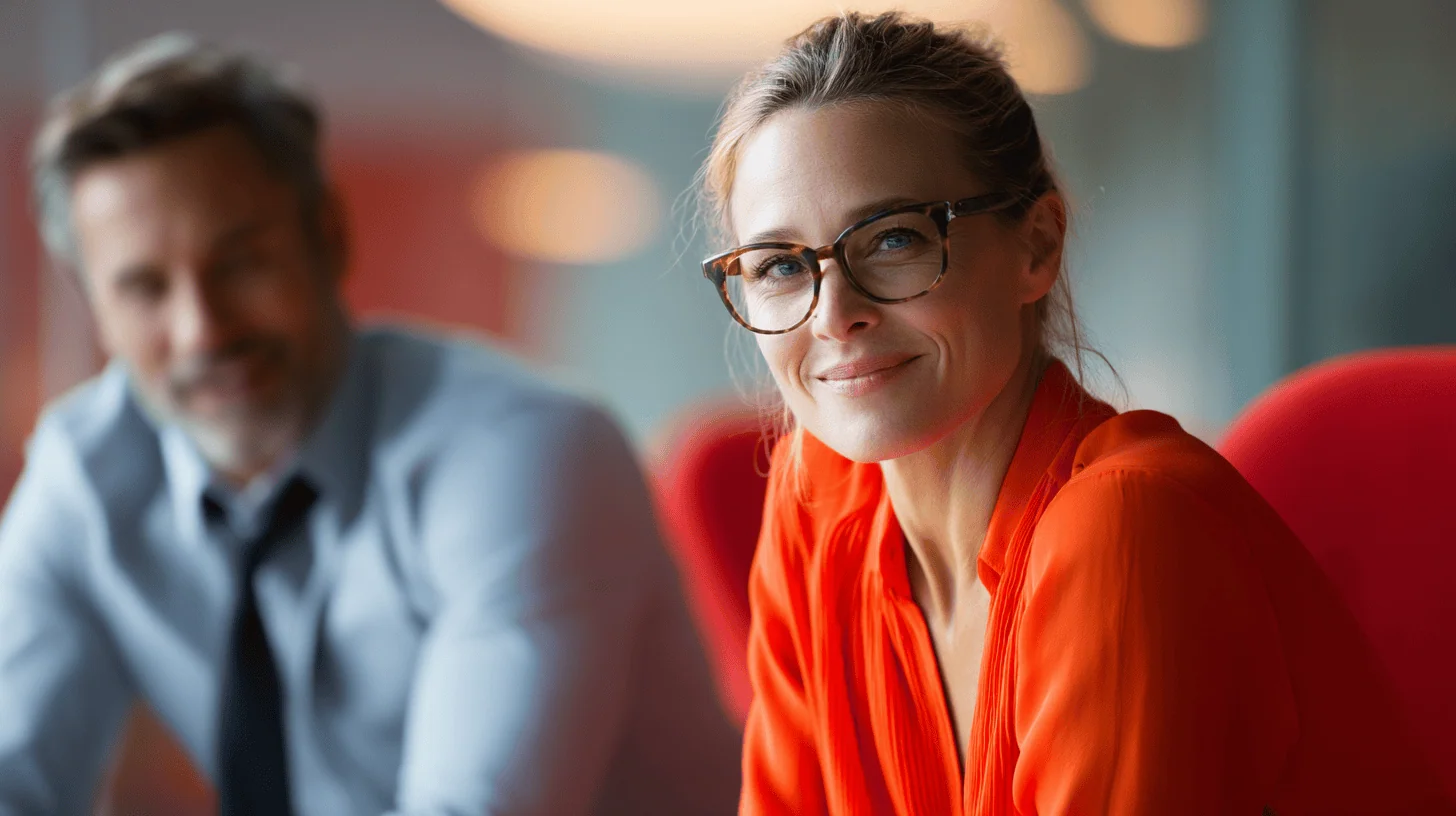 Smiling woman in stylish glasses, indoors.