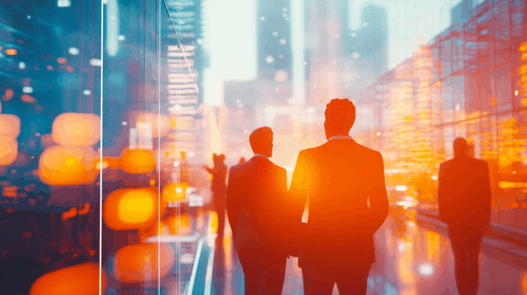 two men walking in a city