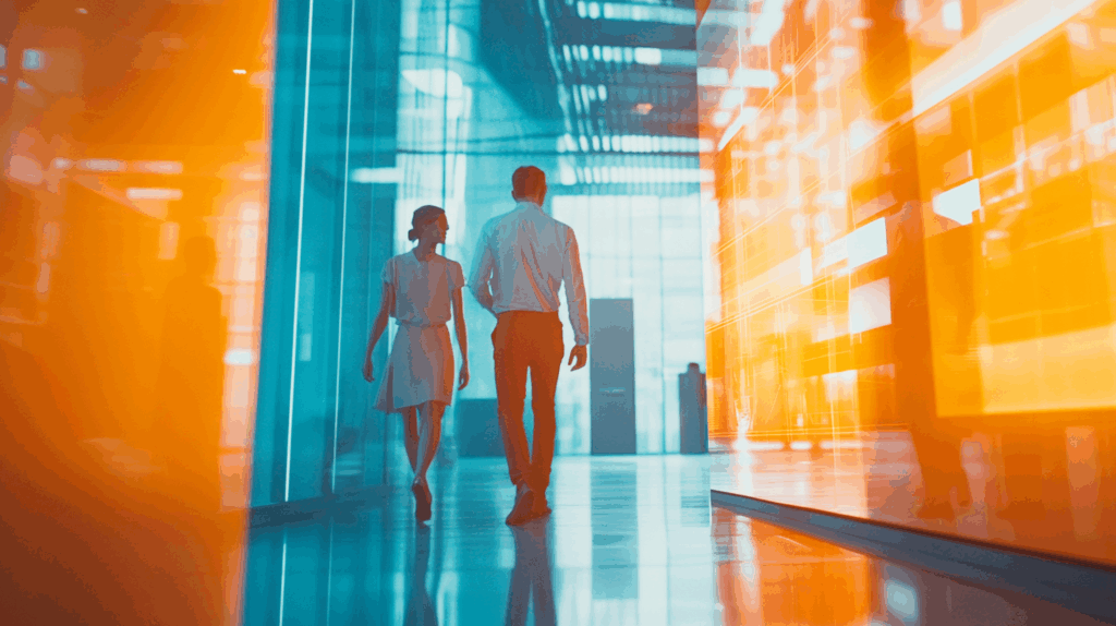 a man and woman walking in a hallway