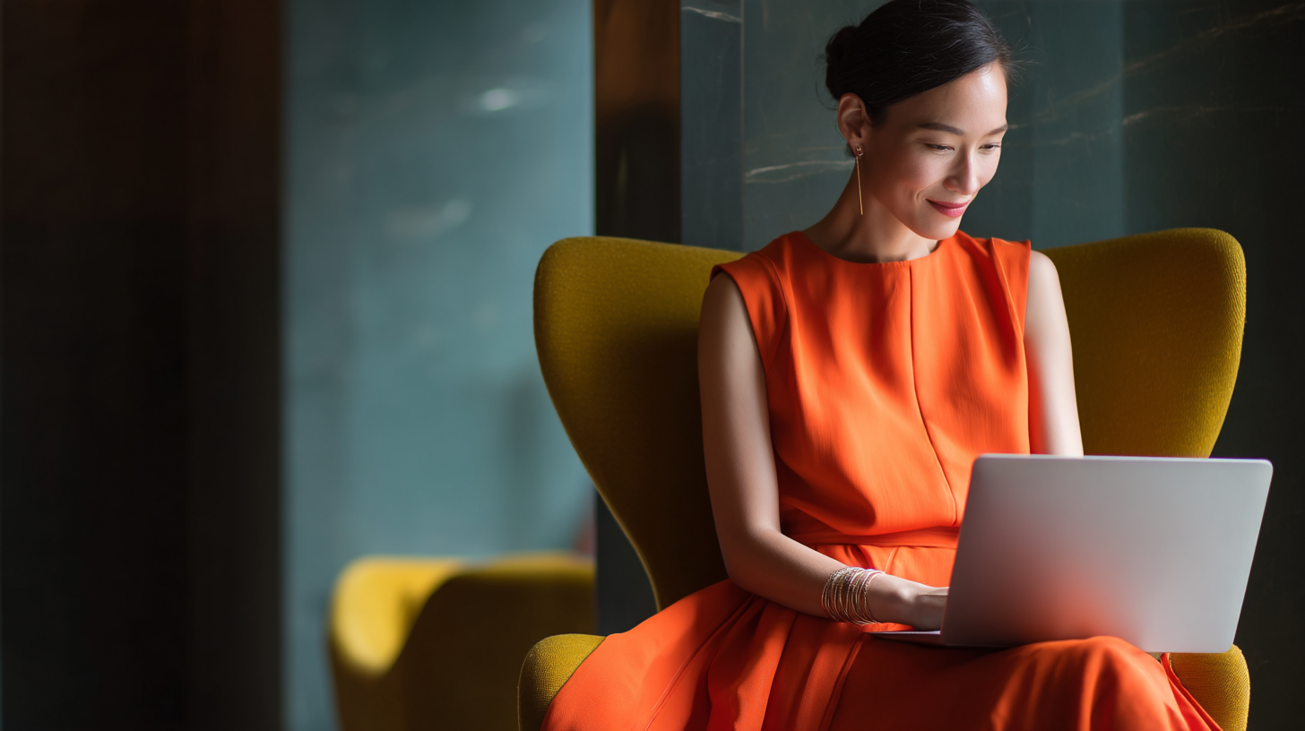 Woman in orange dress using laptop.