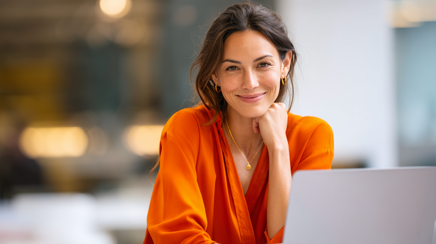 Smiling woman in orange blouse, laptop.