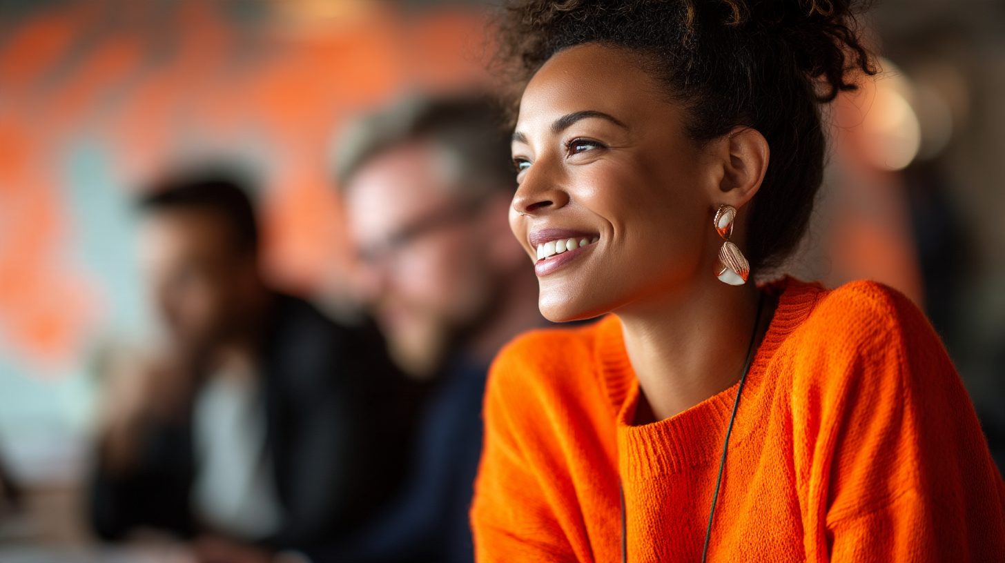 Smiling woman in vibrant orange sweater