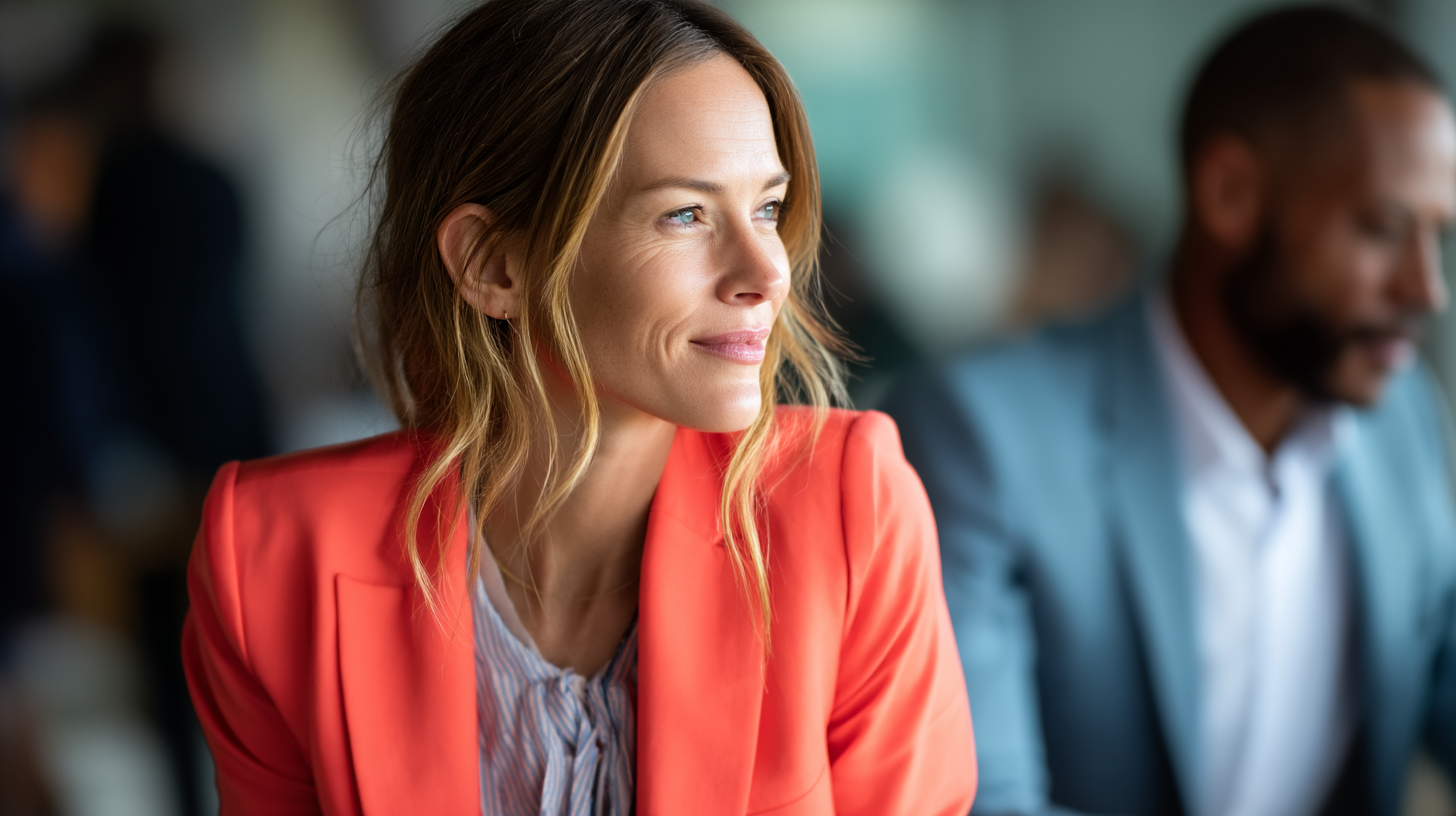 Woman in bright blazer, thoughtful expression.