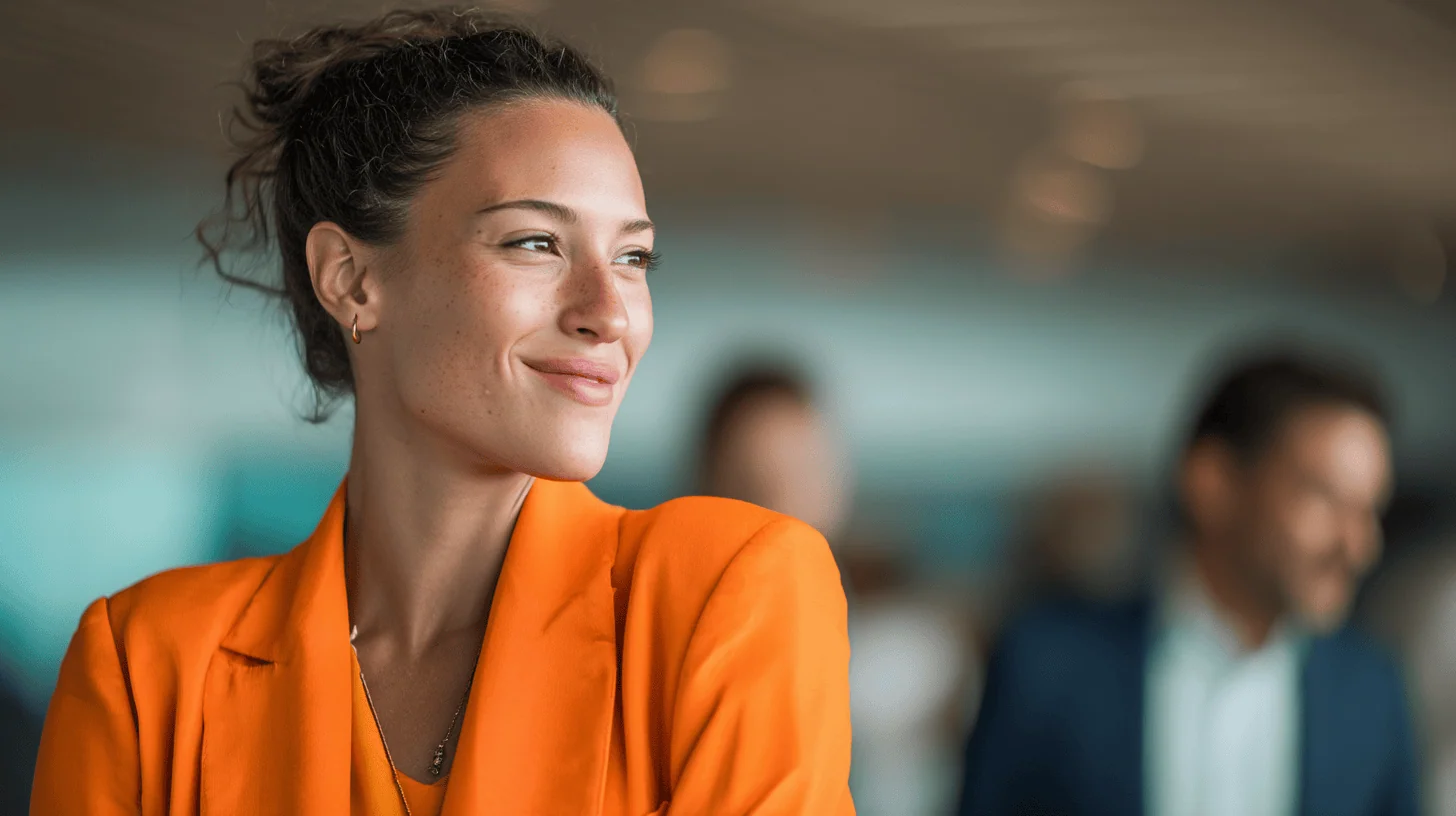 Person in orange jacket, blurred background.