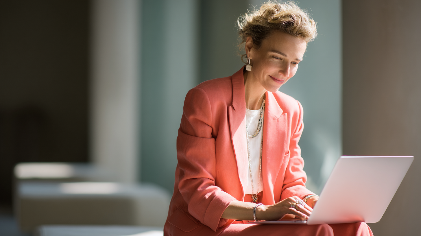 Woman working on laptop in sunlight.