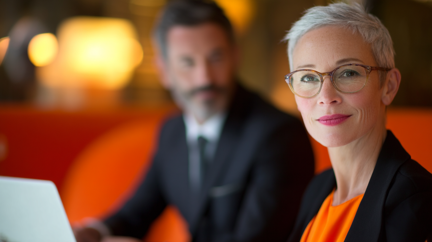 Professional woman with glasses, focused expression.