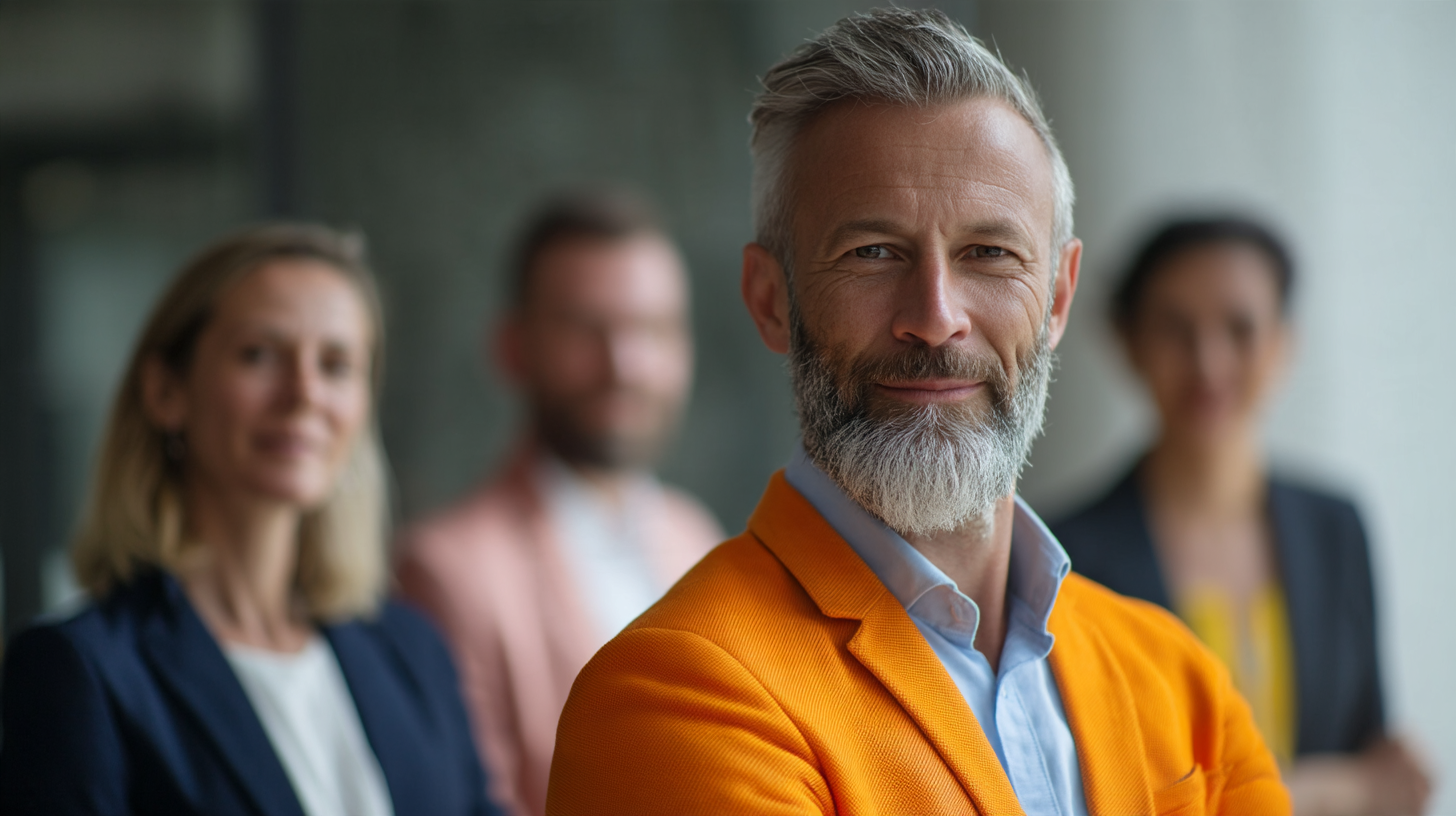 Confident man in orange jacket smiling.