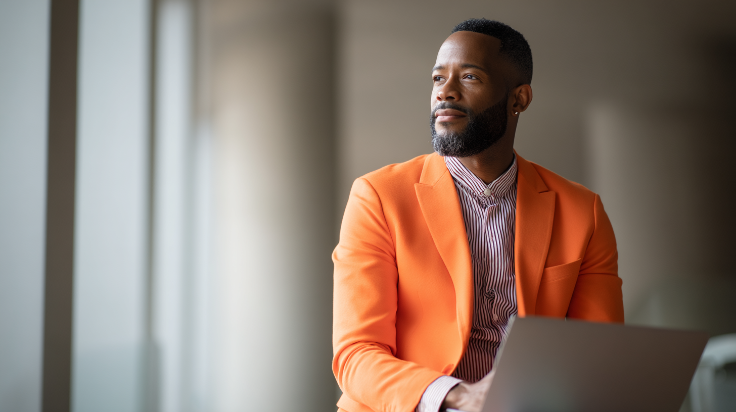 Man in orange suit, thoughtful expression.