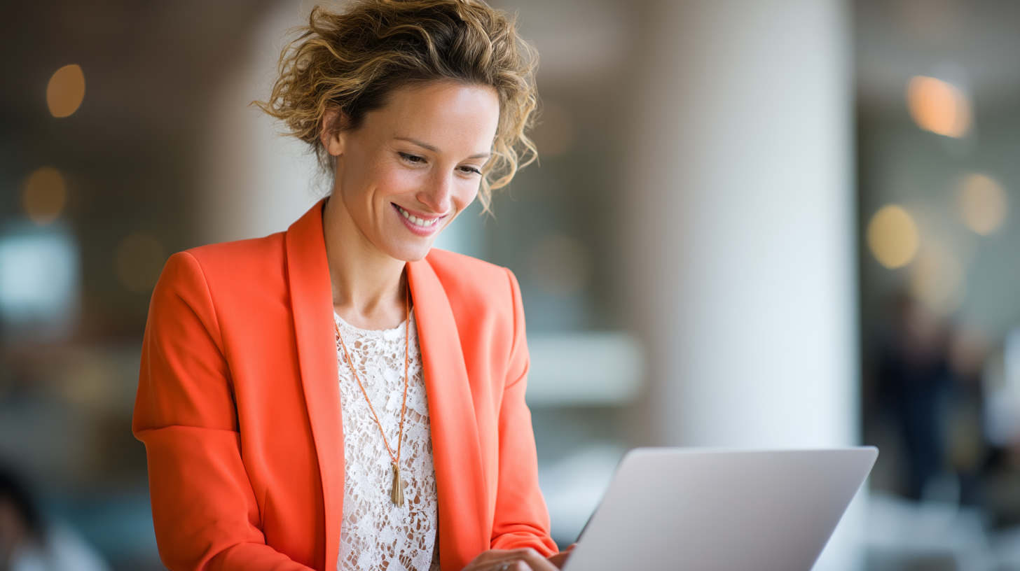 Woman in orange blazer using laptop.