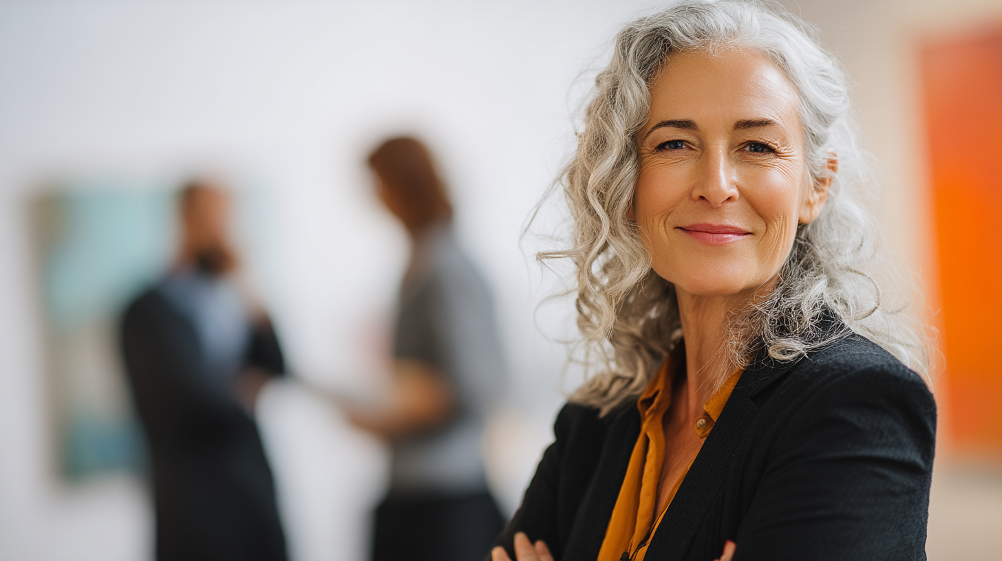 Confident woman smiling in office setting.