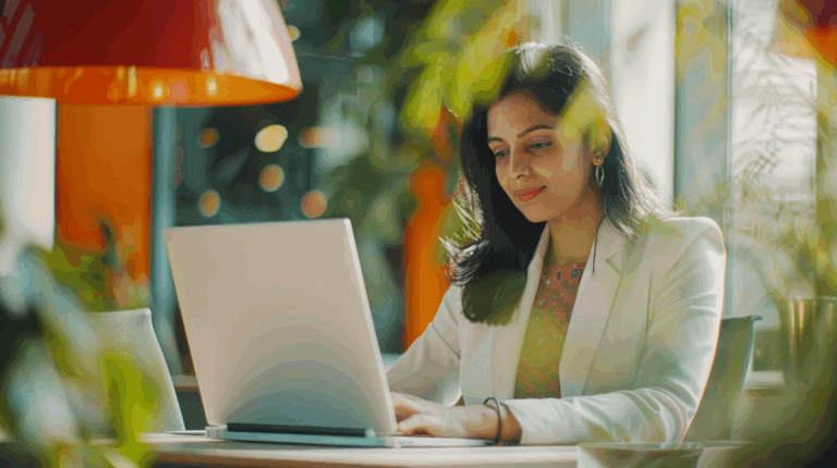 a woman sitting at a desk looking at a laptop