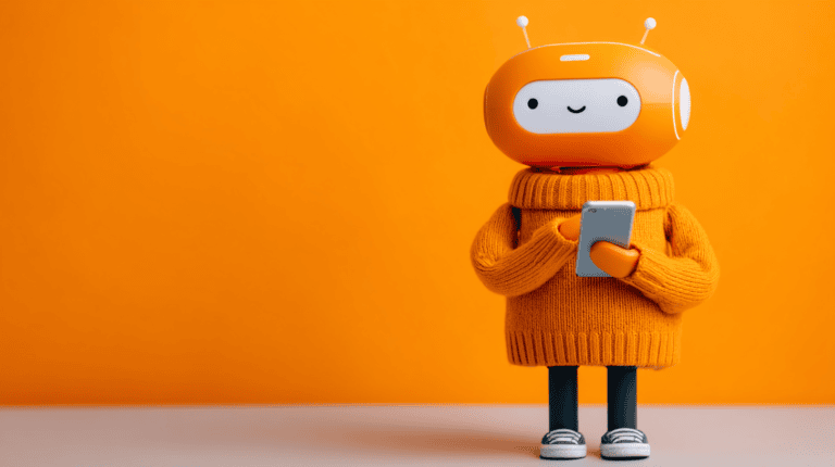 Robot in orange sweater using smartphone.