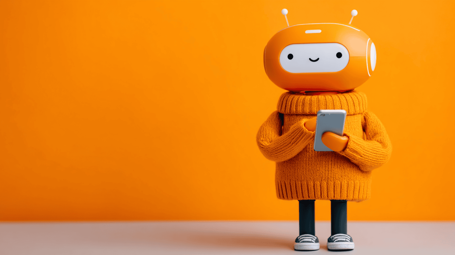 Robot in orange sweater using smartphone.