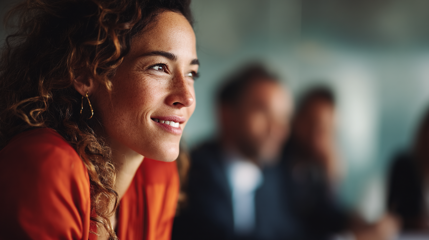 Smiling woman in a meeting setting.