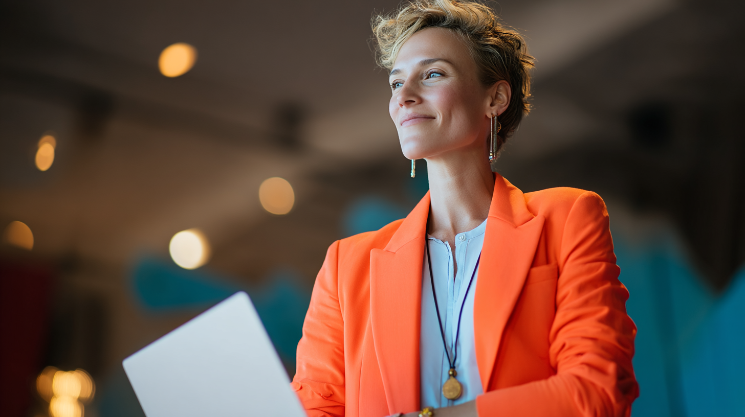 Person in bright orange blazer working