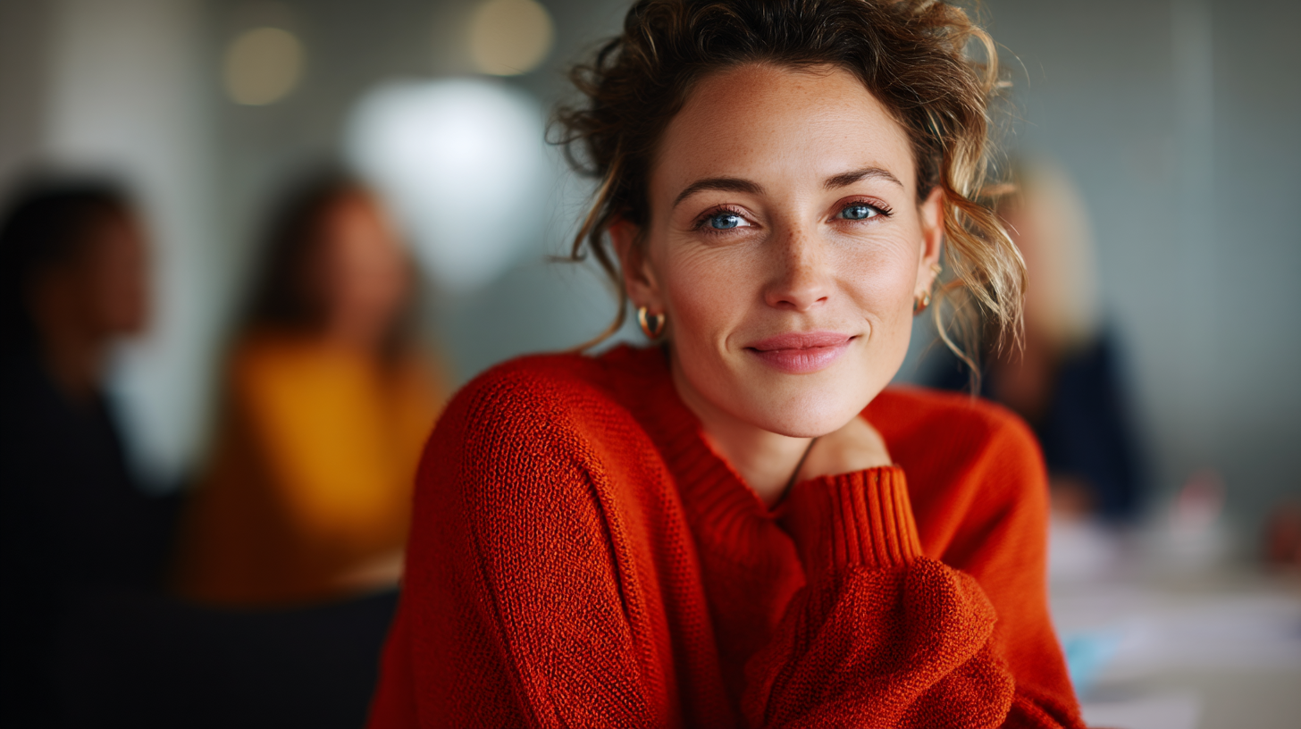 Person in orange sweater, focused expression.