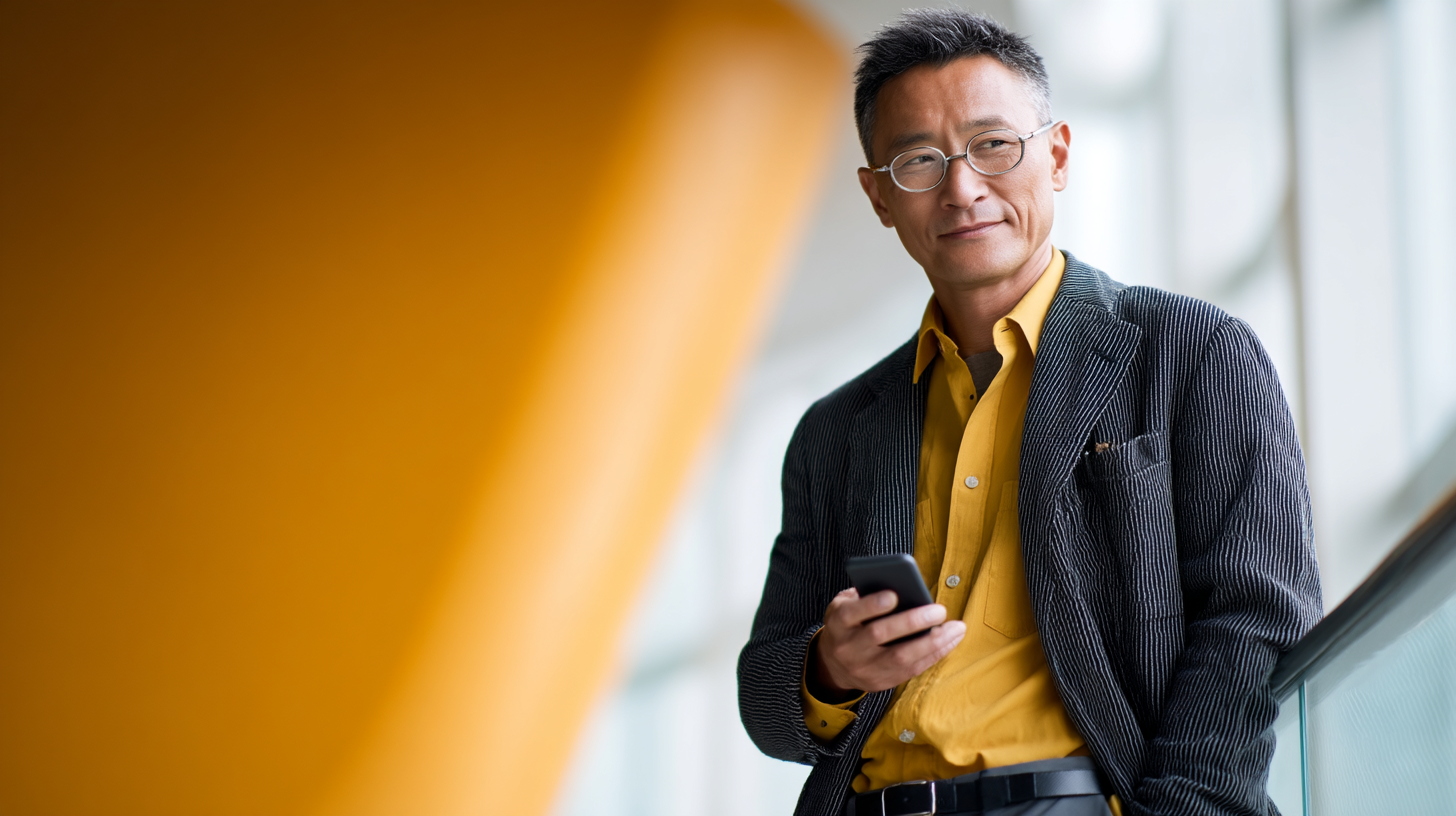Man in yellow shirt using smartphone.