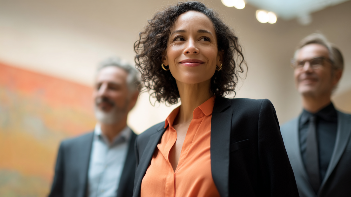 Three professionals in a gallery setting.