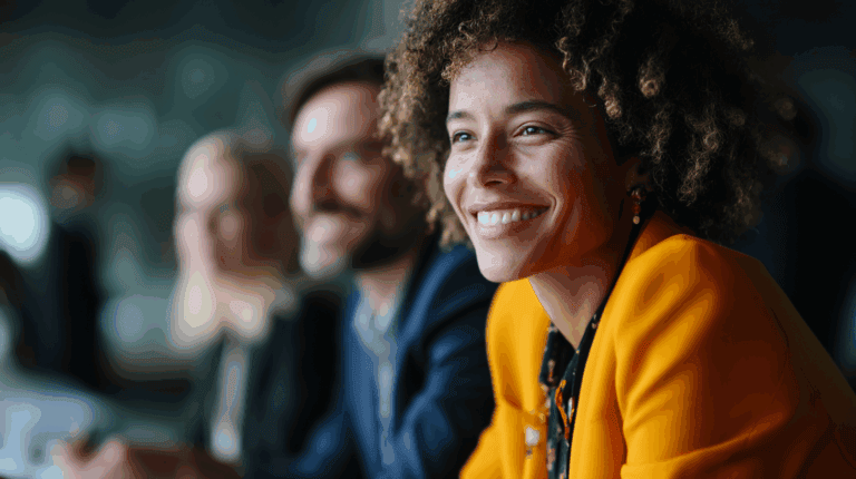 a woman smiling in a friendly office environment