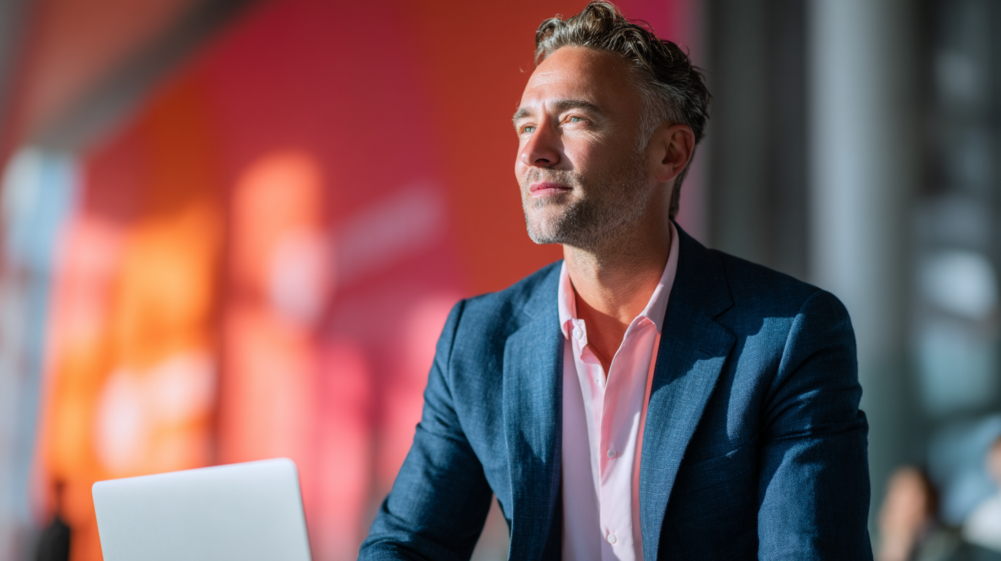 Man in suit at modern workspace.