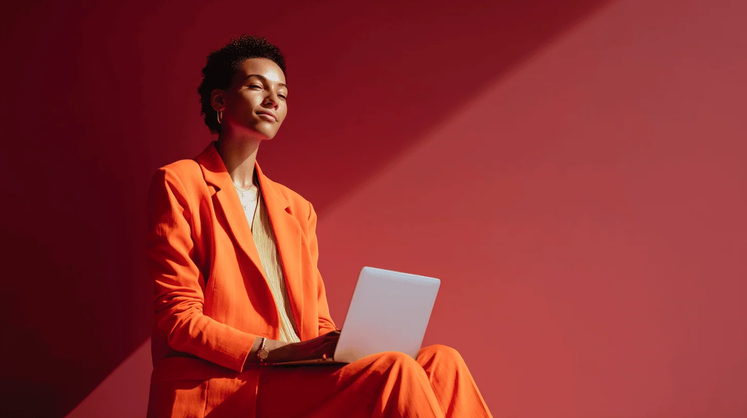 Person in orange suit using laptop.
