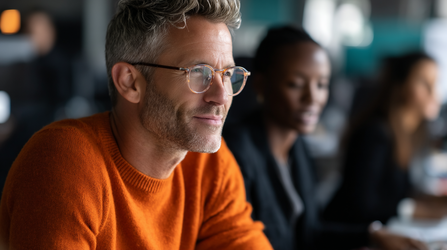 Man in orange sweater, thoughtful expression.