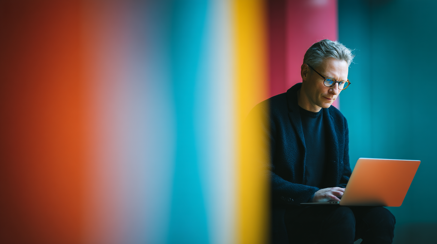 Person working on laptop in vibrant surroundings.
