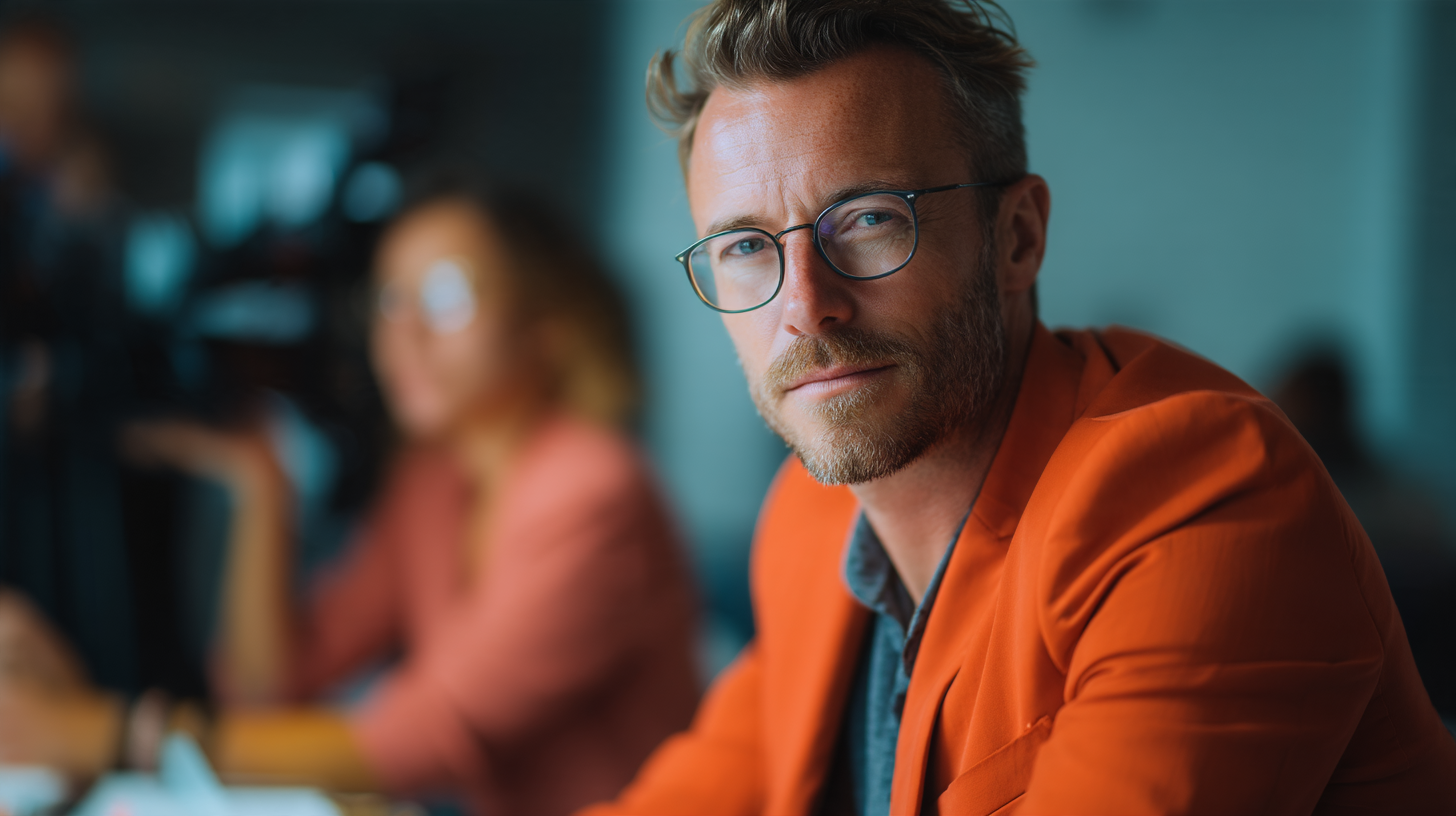 Man in orange jacket at meeting.