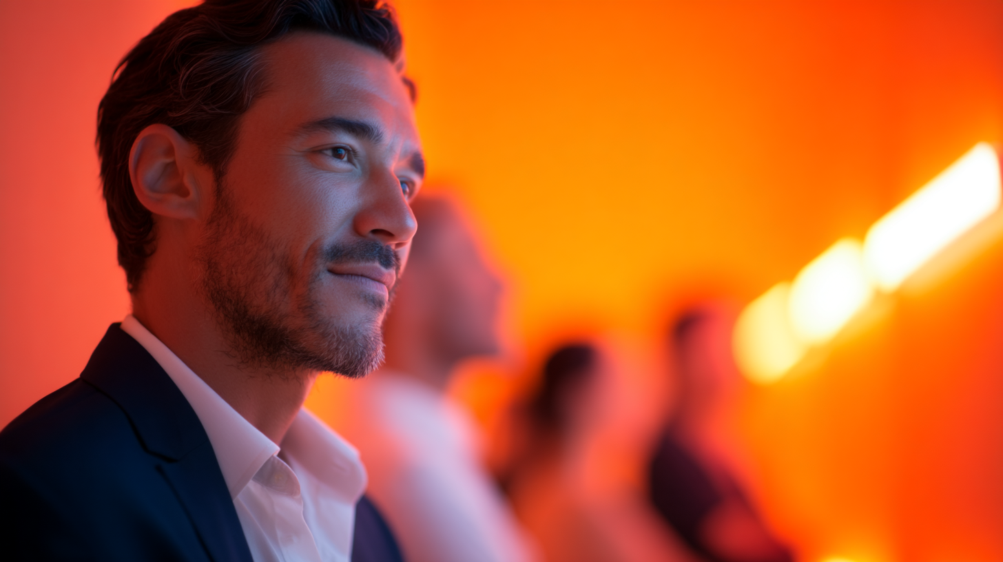 Group of people in warm lighting.