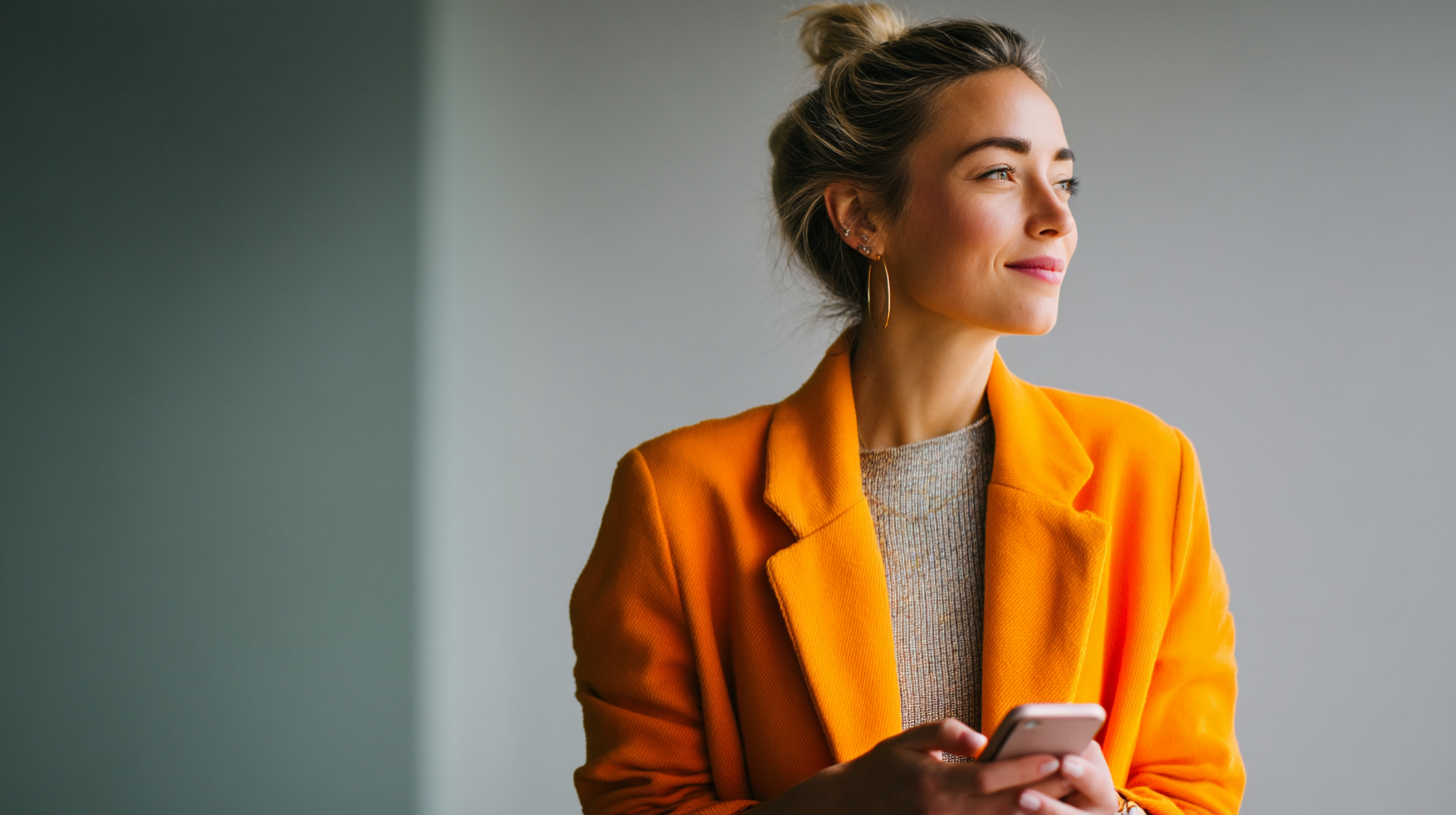 Woman in orange coat, holding phone.