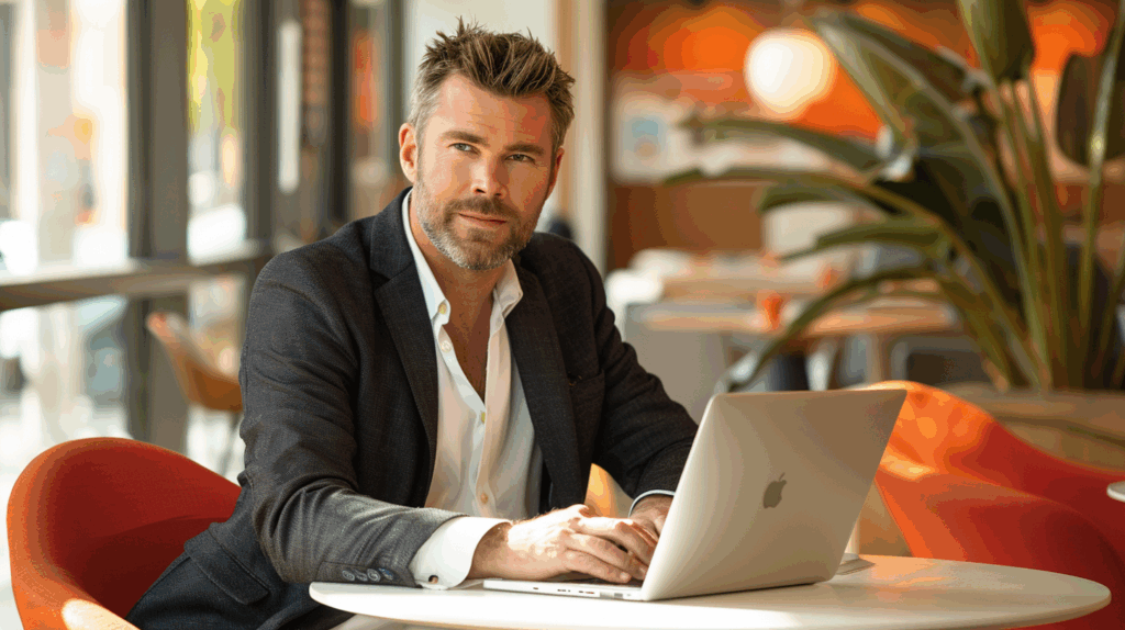 a man sitting at a table with a laptop