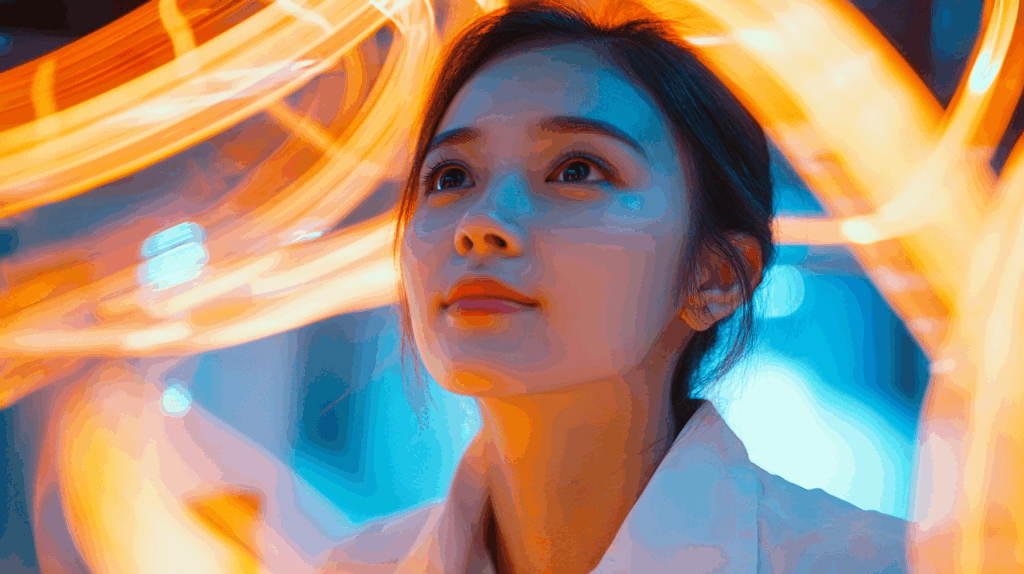 a woman looking up to the side