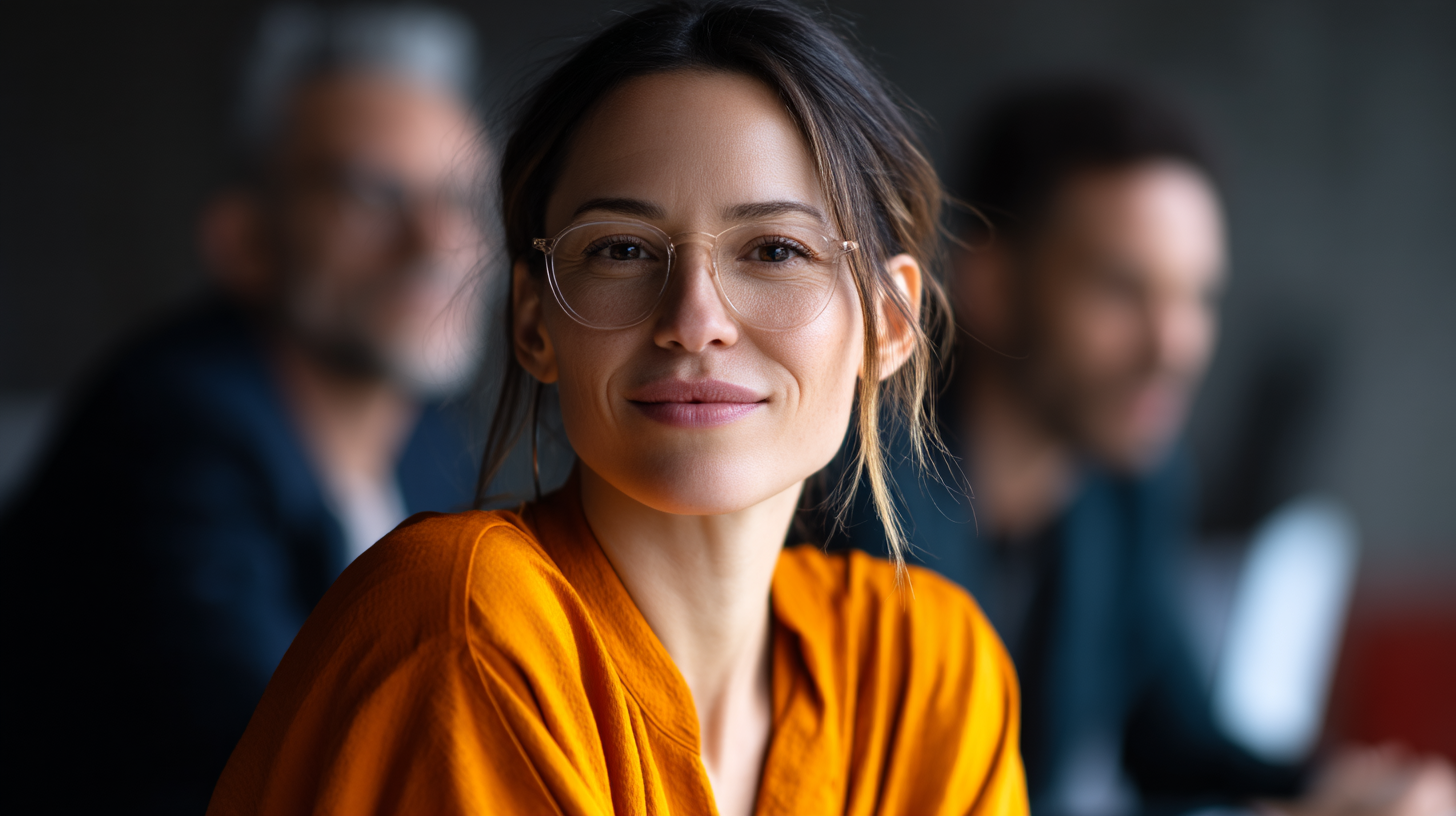 Smiling woman in orange attire, colleagues behind