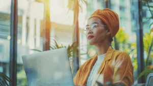 a woman in glasses and a turban looking away from the camera