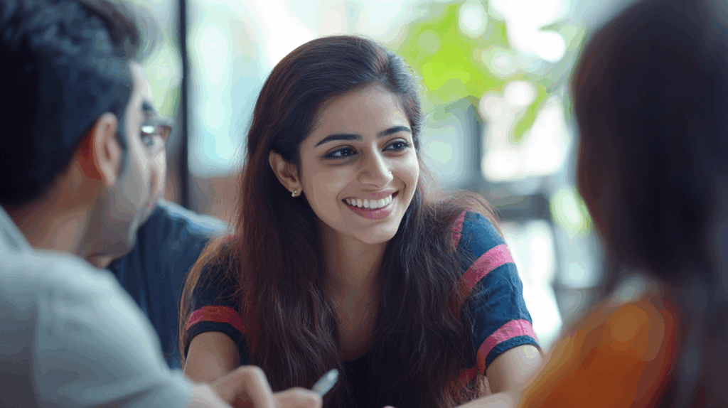 a woman smiling at a table